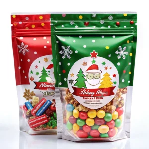 Custom Logo Christmas Design Stand Up Pouch Resealable Food Safe Plastic Candy Packaging Green Flexo Printed Bag