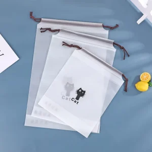 Borsa in plastica ecologica personalizzata con logo per trucco, sacchetti con fondo quadrato traslucido e coulisse