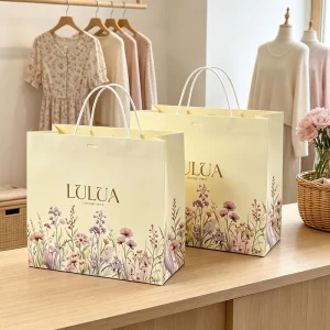 Borsa shopping con logo personalizzato, borse di carta rivestite per boutique di abbigliamento, imballaggio regalo per piccole imprese