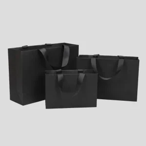 Kantong Kertas Mewah Kustom dengan Laminasi Emas Timbul Hitam untuk Pakaian, Perhiasan, Hadiah, Promosi, Belanja, Berbagai Ukuran