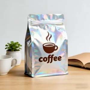 Bolsa plana con cremallera holográfica personalizada impresa PET para almacenamiento de snacks y café en polvo