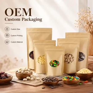 أكياس تعبئة ورق كرافت مطبوعة مخصصة، صديقة للبيئة، درجة غذائية، OEM ODM