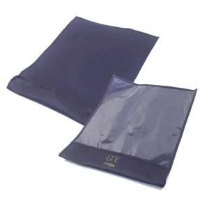 Borsa per Abbigliamento Non Tessuta Blu Scuro con Logo Stampato Personalizzato e Finestra Trasparente per Camicie, Cravatte, Completi e Pantaloni
