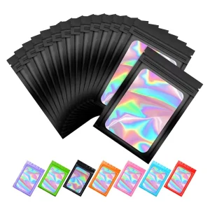 Bolsas de Mylar holográficas a prueba de olores, personalizadas, mate, negras, con ventana clara, bolsa de sellado lateral de 3 lados, pouch con cremallera, a granel