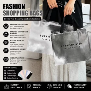 Borse di Carta Specchiate Argento Stampate Personalizzate per Abiti Imballaggio Boutique di Lusso con Manici in Nastro