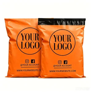 Borsa di spedizione in plastica arancione stampata personalizzata, busta autoadesiva per corrieri con logo sui social media per imballaggio negozio online