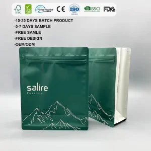 Individuell bedruckte wiederverschließbare 150g 250g 500g Zipper Kunststoff Kaffee Matte 8 Seitenversiegelte Flachbodenbeutel mit Ventil
