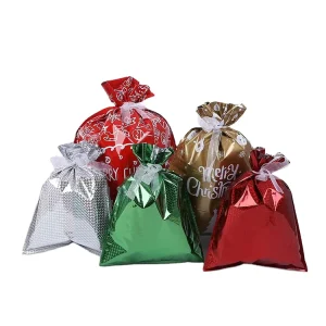 Custom Printing Plastic Shopping Gift Bags with Logo Packaging Pouch Christmas Decoration Drawstring Christmas Gift Bag