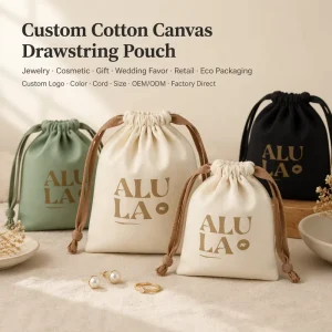 Funda de algodón natural con logo impreso a pantalla, ecológica, para empaquetado de joyas y perfumes, bolsa de muselina