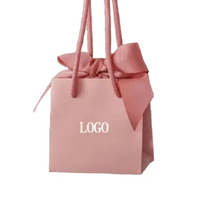 Custom Size Colorful Packaging Printed logo Ribbon Favor Small Paper Gift Bags with Handles