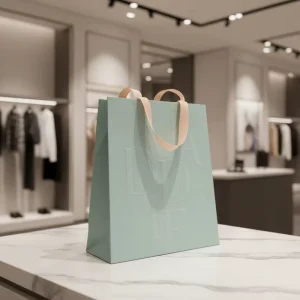 Borse di carta bianche personalizzate con logo per abbigliamento femminile e imballaggio di vestiti, manico in nastro e stampa della borsa