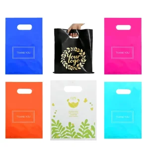 Tas Terima Kasih Dicetak dengan Logo Kustom, Tas Belanja Plastik Berwarna dengan Pegangan Die-Cut untuk Hadiah Toko Pakaian