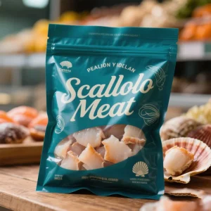 Sac d'emballage pour aliments surgelés laminé personnalisé, pochette plate avec fenêtre en forme et trou de suspension pour sac en mylar de fruits de mer