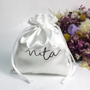 Customized Logo Hair Extension Storage Pouch Wig Packaging Bags Black Silk Satin Drawstring Bundle Hair Bags for Bundles Gift