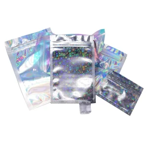 Desain Logo Tas Plastik Resealable Foil Tahan Bau 3.5 Kustom, Kemasan Pouch Kunci Zipper Ziplock Holografik Mylar