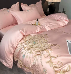 Set Sprei 4 Pcs Katun Ice Silk Bordir Mewah Eropa Lembut Mengkilap untuk Kamar Tidur Pernikahan
