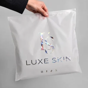 Fabrikdirekt Frosted Poly Kleidungsbeutel mit Druck von sozialen Medien-Icons für Marketplace-Bekleidungsverkäufer