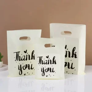 Borsa promozionale in HDPE, con manici sagomati, riutilizzabile, con design di ringraziamento, personalizzabile, ordine minimo 100 pezzi, sacchetti di plastica, adatti per negozi