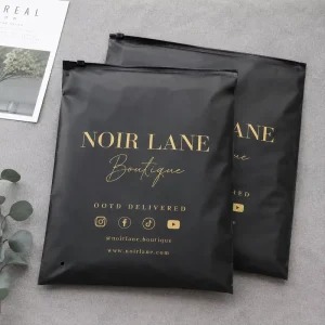 Kantong Kemasan Pakaian Dalam Frosted Berkualitas Tinggi dengan Logo Merek dan Ikon Sosial untuk Penggunaan Kemasan Boutique Mewah