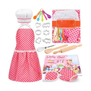 Set da cucina per bambini 19 pezzi, costume da chef per bambini, cappello da chef e grembiule rosa abbinato per travestimenti