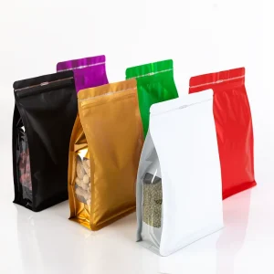 Sacs en plastique laminés avec soufflet transparent, zip coloré, sac à snacks à huit côtés avec fond carré