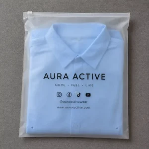 Túi nhựa ziplock mờ trong suốt với logo thương hiệu và biểu tượng xã hội cho thương hiệu thời trang