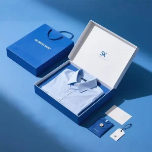 Premium Deluxe Bekleidungsverpackung Papierbox Individuelle Wellpappe Bekleidungsversandbox Set mit Papiertragetasche Etikett