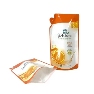 Impression de sacs en plastique liquide écologiques personnalisés, sachets à fond plat avec bec verseur