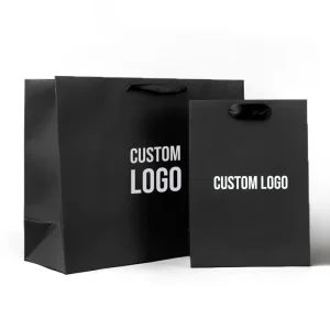 Recycelbare individuelle Markenlogo schlichte Verpackung Luxus Schmuck Kleidung schwarze Geschenktüte aus Kraftpapier mit Griff