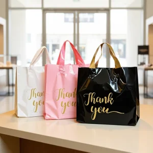 Recycelbare Einzelhandels-Taschen mit individuell bedrucktem Logo, wiederverwendbare Kunststoff-Poly-Taschen mit ausgestanzten Griffen für Geschenke