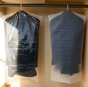 Bolsa de camiseta reciclable, bolsas colgantes para prendas, embalaje transparente de plástico PE para trajes, abrigos y vestidos