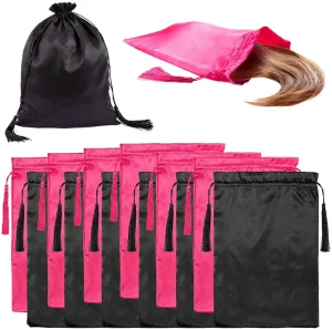 Bolsa de almacenamiento de satén para el cabello con cierre de cuerda, bolsa de polvo de embalaje de moda para pelucas, extensiones y herramientas para el cabello, 11.8x15.7 pulgadas