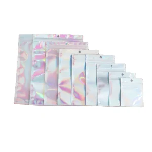 Sac de rangement cosmétique transparent CPP avec zip, réutilisable, holographique laser