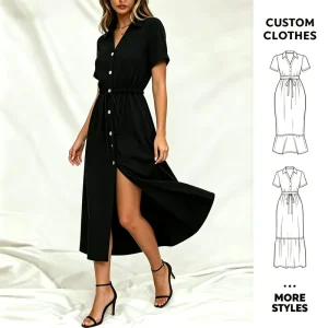 Damenhemdkleid, Knopfverschluss, lässiges Midi-Kleid, kurzärmlig, elegant, ODM, OEM, Herstellerquelle