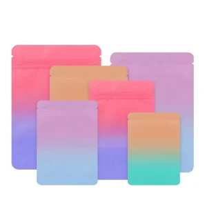 ถุง Mylar แบบซิปล็อค ขนาดเล็ก สีแมตต์เกรเดียนท์ พลาสติกเมทัลลิซด์ บรรจุภัณฑ์แบบสุ่มสำหรับธุรกิจขนาดเล็ก