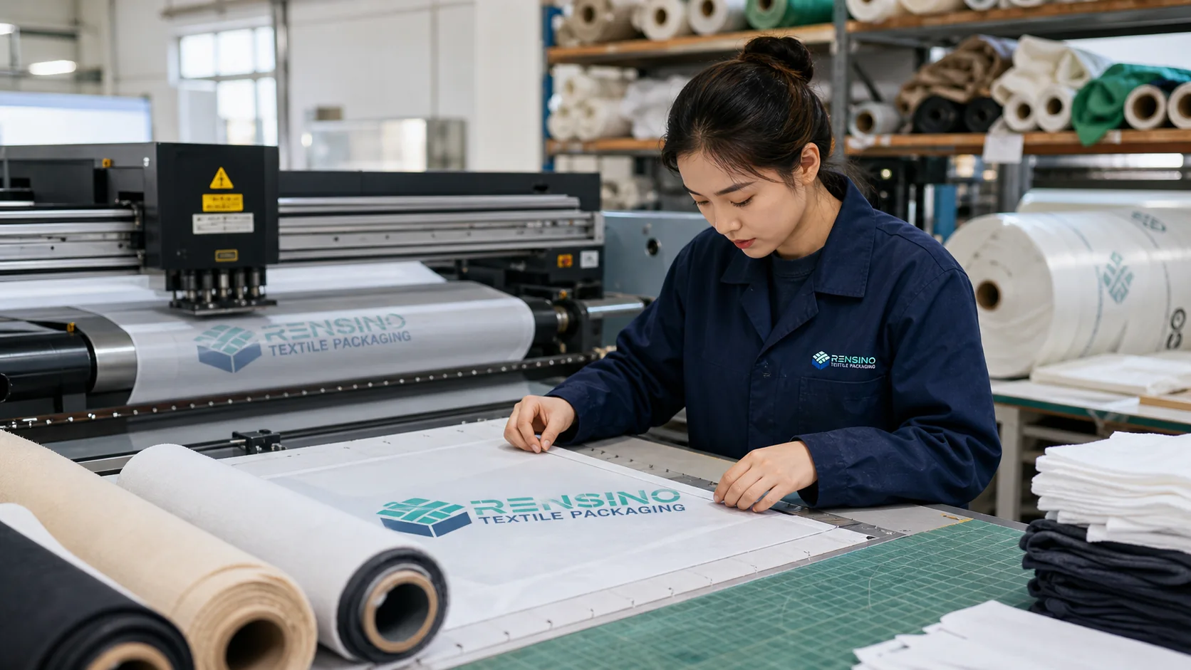 Rensino technician aligning custom printing before precision cutting