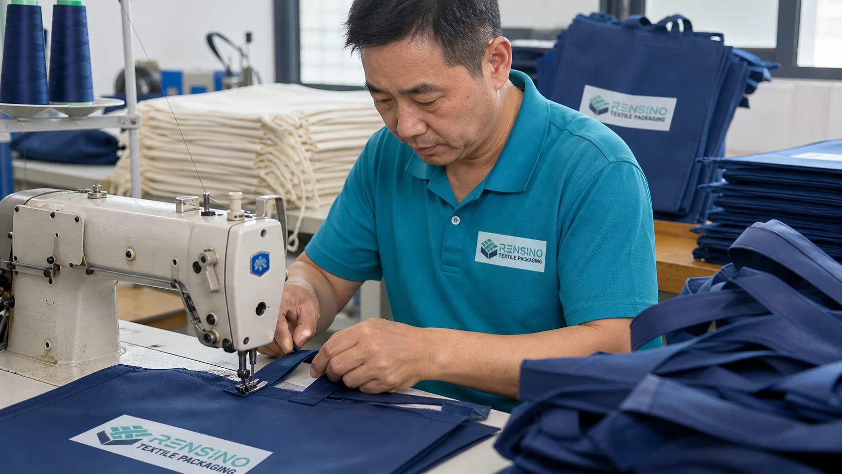 Rensino worker sewing and finishing a custom garment packaging bag