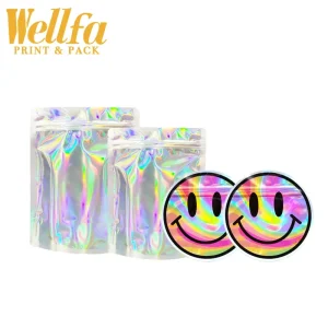 Benutzerdefinierte bedruckte Logo laminierte Plastiktüten aufrecht stehende Taschen Süßigkeiten Samen Polyesterfolie holographische Verpackungstaschen