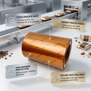 Film laminé en métal imprimé personnalisé, film d'emballage en aluminium en vrac, pour aliments et emballage automatique