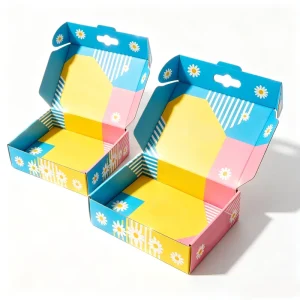 Boîte de transport en forme d'avion avec motif géométrique coloré, impression de marguerites et trous de suspension, adaptée aux produits artisanaux ou de luxe