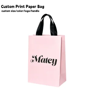 Sac en papier cadeau rose avec logo personnalisé, sac d'emballage pour bijoux, parfums, cosmétiques, rouges à lèvres, lunettes