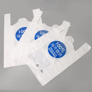 Milieu-vriendelijk op maat gemaakt logo witte supermarkt plastic t-shirt boodschappentassen met handvatten